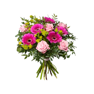 Bukett med rosor, germini och buplerum. Skicka den med ett blommogram från Interflora!