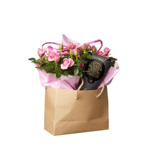 Presentpåse med rosa krukrosor och en chokladstrut. Från Interflora.