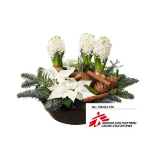 Julgrupp "Utan Gränser", med hyacinter, julstjärnor, nobilis, kottar och kanelstänger. Julgruppen finns att beställa som blommogram hos Interflora.