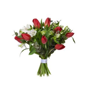 Buketten "Kärlek" med röda tulpaner, vit astroemeria och eucalyptus. Blommografera genom att beställa din blomstergåva direkt i Interfloras e-butik!