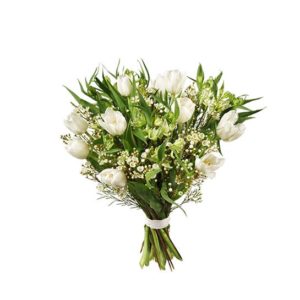 Bukett med tulpaner, alstroemeria och vaxblomma. Blommorna i enhetligt vitt. Skicka blommor med bud från Interflora och överraska dina nära och kära!