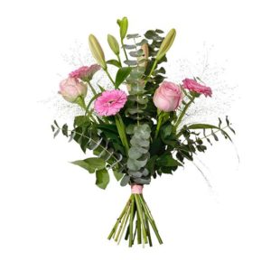 Bukett med germini, eucalyptus och fontängräs. Blommorna finns att beställa online i Interfloras webbutik.