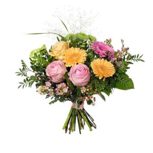 Bukett med rosor, gerbera, santini och vaxblomma. Pastellfärger. Superfin! Blommorna kommer från Interflora.