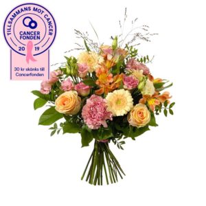 Höstbukett med rosor, prärieklocka, nejlikor, alstroemeria, germini och gröna blad. Ur Interfloras sortiment.