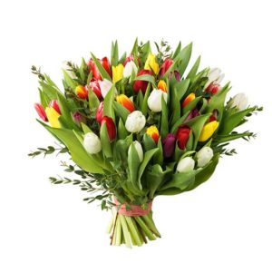 Bukett med tulpaner i blandade, glada färger tillsammans med grönt. Välj mellan tre storlekar på buketten. Beställ ett blommogram online hos Interflora!