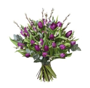 Bukett med lila tulpaner och vide. Beställ ditt blommogram hos Interflora och gör någon glad!