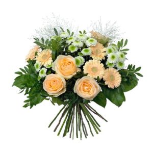 Vårbukett i aprikost, vitt och grönt, med rosor, germini, krysantemum. Blommografera din påskhälsning - beställ din blomstergåva online hos Interflora!