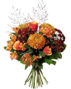 Höstbukett från Interflora, med krysantemum, alstroemeria, santini, rosor och gröna blad.