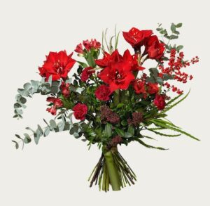 Röd amaryllis, nejlika, alstroemeria, eucalyptus och dekorationsgrönt. Beställ julbuketten som ett blommogram hos Interflora