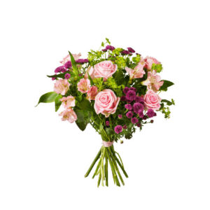 Bukett med rosa/lila rosor och santini. Finns hos Interflora.