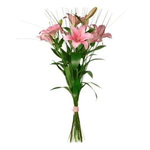 Blombukett med rosa liljor och steelgrass. Blommorna fins bland Interfloras morsdagsbuketter.