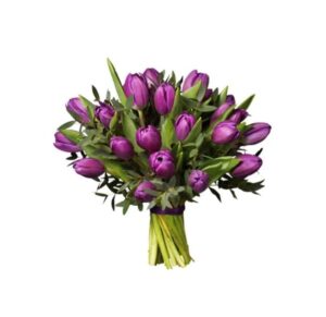 Tulpanbukett med enfärgade, lila tulpaner och grönt. Skicka med ett blomsterbud - beställ online hos Interflora!