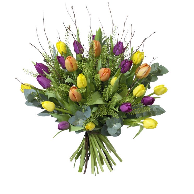 Påskbukett med tulpaner i blandade påskfärger. Beställ hos Interflora - skicka med blommogram!