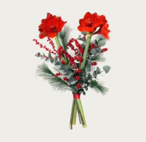 Julbukett med röda amaryllis, röd ilex, mjuktall och eucalyptus. Blommografera din julhälsning via Interflora!